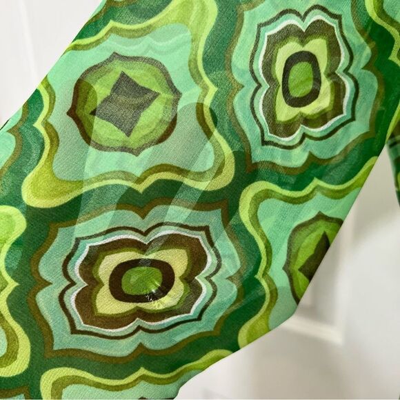 Zara Sheer Green Printed Geo 70’s Retro Hippiecore Bell Sleeve Top New Size S - Picture 8 of 14